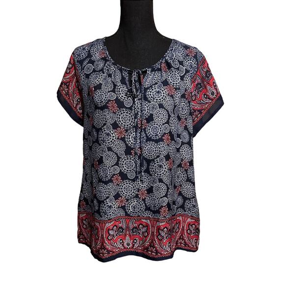 Christopher & Banks Navy Red Medallion Print Boho Top Blouse Women's L Large - Picture 1 of 8